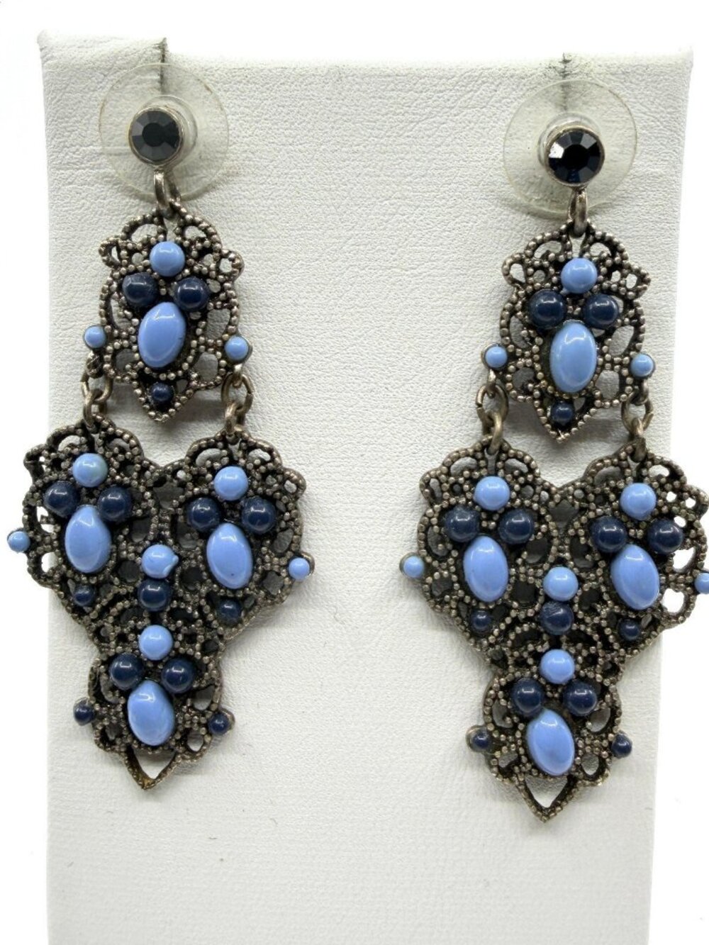 Ornate Blue Chandelier Earrings Filigree Statement Drop Bohemian Festival Gift